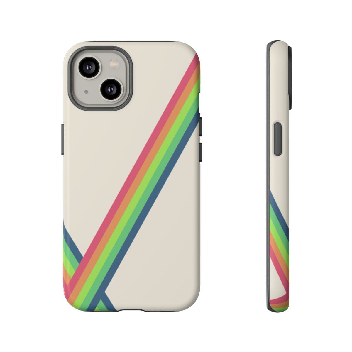 Cream silicone phone case with diagonal rainbow stripes in red, orange, yellow, green, blue, and purple tones
