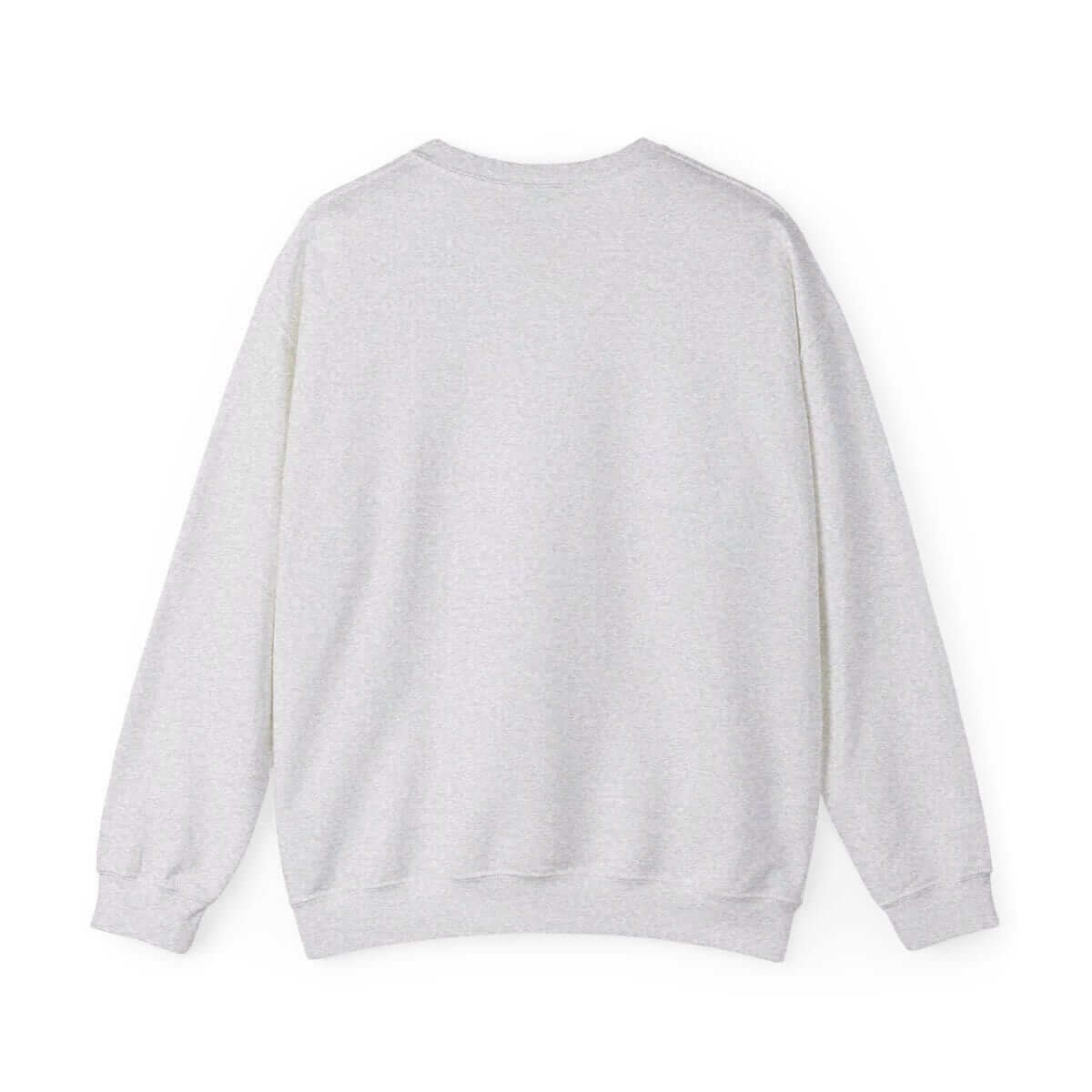 Ash gray cotton sweatshirt with ribbed cuffs and hem featuring a subtle printed graphic on the upper back