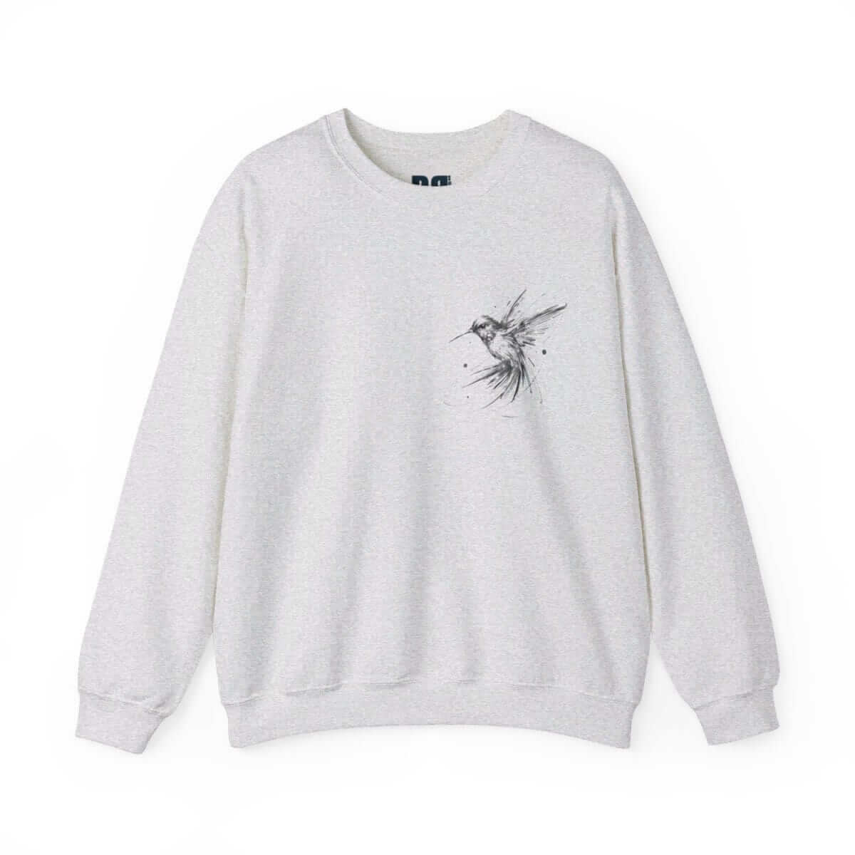 Light ash gray sweatshirt made of soft cotton blend fabric with long sleeves and a subtle logo on the chest