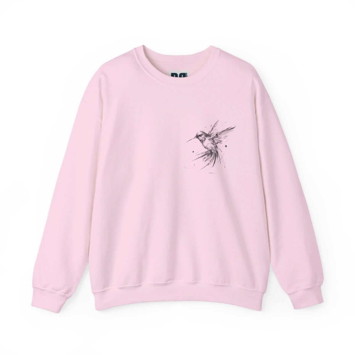 Light pink fleece sweatshirt with relaxed fit, crew neckline, long sleeves, and subtle wing embroidery on chest
