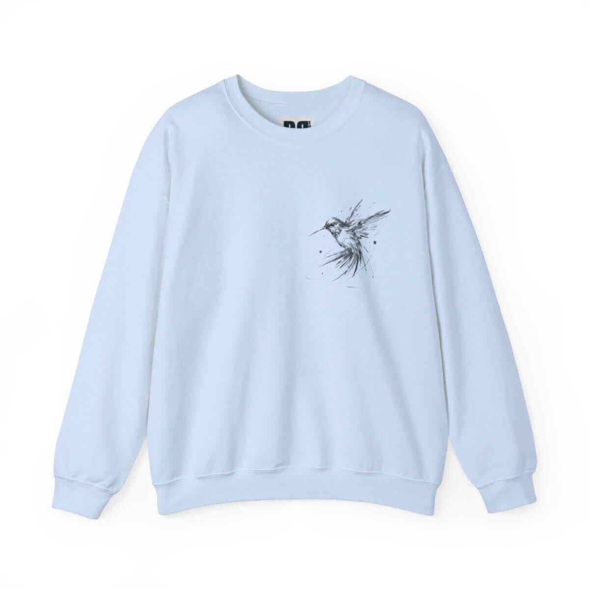 Light blue cotton sweatshirt with long sleeves, crew neck, and white wing graphic on front center chest