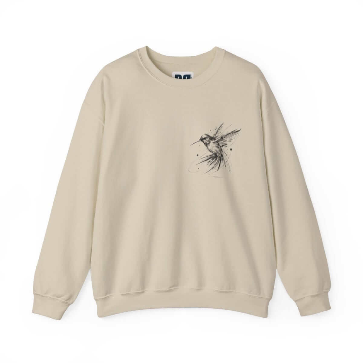 Sand color sweatshirt made from soft fleece material featuring a crew neck and relaxed fit with stitched wing design on front