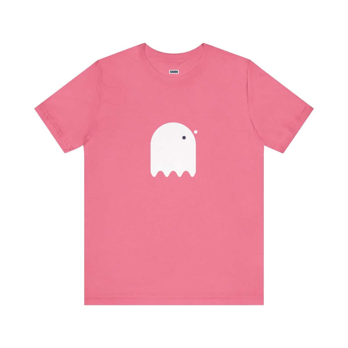 White cotton short-sleeve t-shirt with a front button-eyed ghost graphic and a crew neckline in a charity pink size small