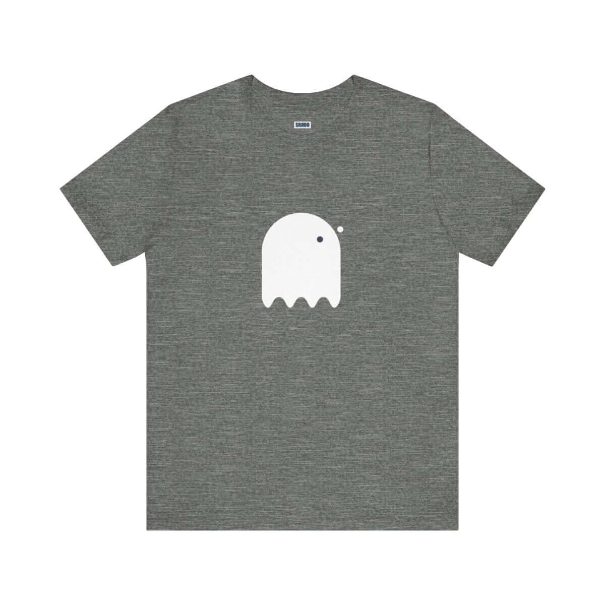 Heather gray cotton short sleeve t-shirt with white button-eyed ghost graphic on the front center chest area