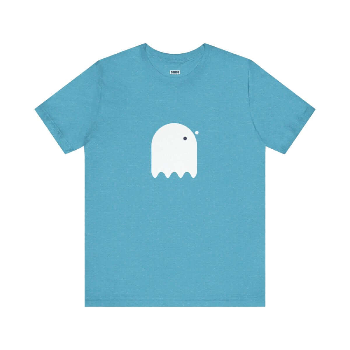 White cotton t-shirt with short sleeves and a front graphic of a button-eyed ghost in a simple cartoon style