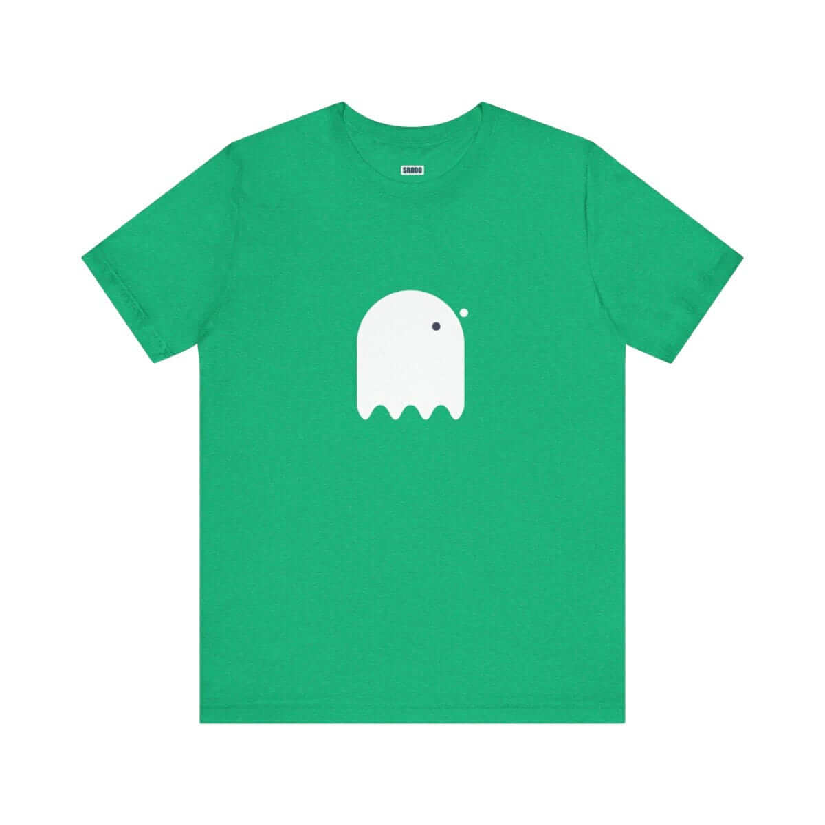 White cotton t-shirt with a round neck and short sleeves featuring a black button-eyed ghost graphic on the front