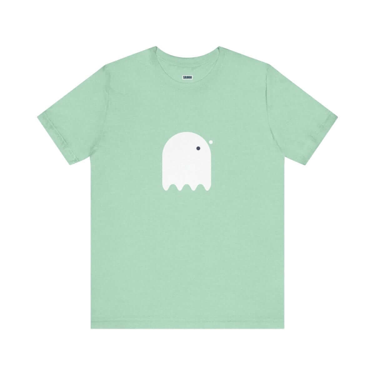 White cotton short sleeve t-shirt with button-eyed ghost graphic on front in casual fit style