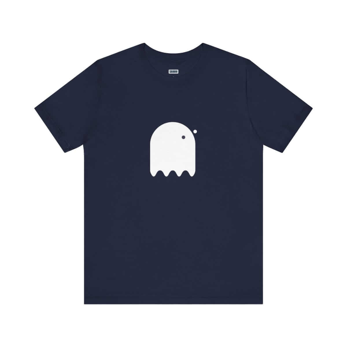 Navy blue cotton t-shirt featuring a white button-eyed ghost graphic on the front with a classic crew neckline