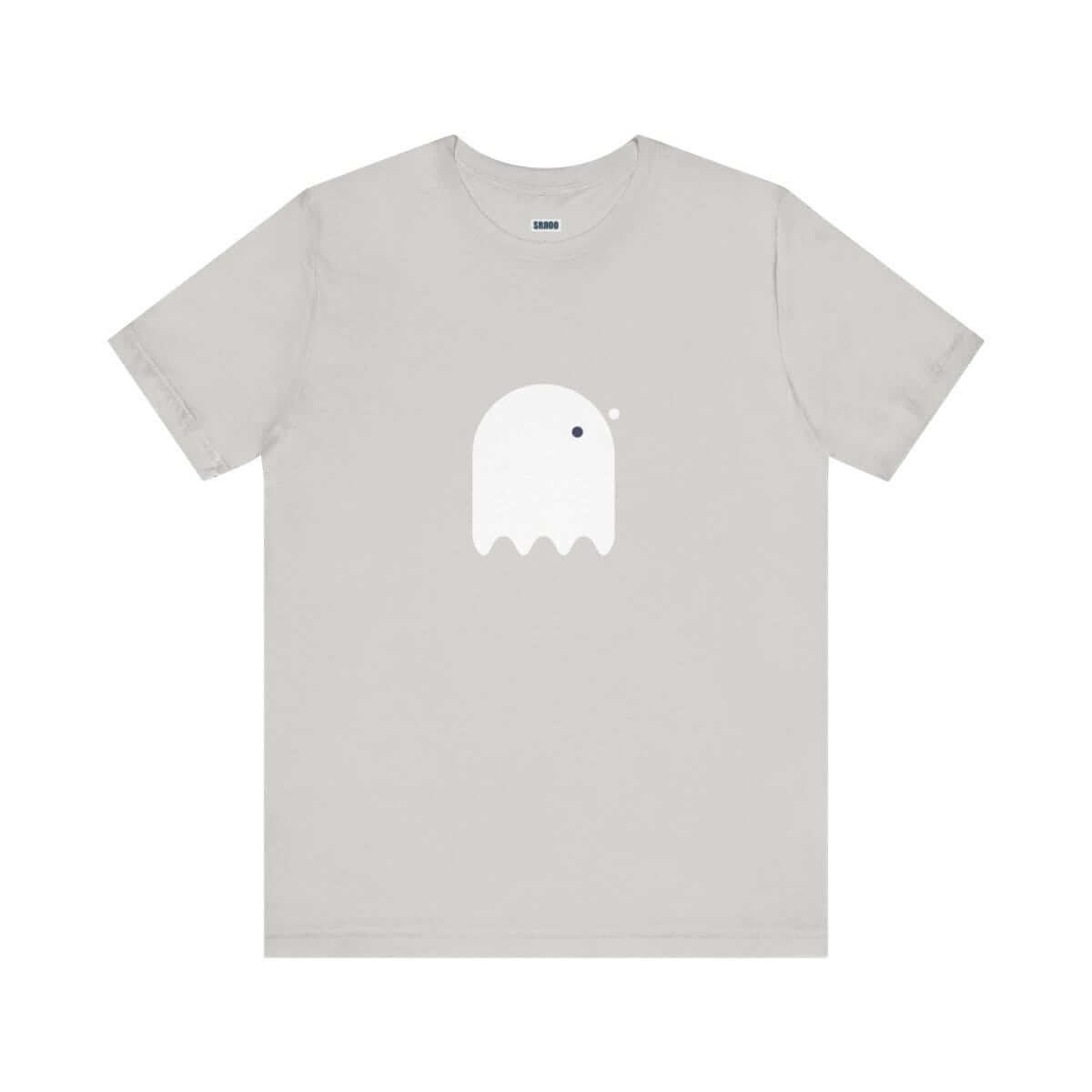 White cotton t-shirt with button-eyed ghost graphic printed on front in a casual short sleeve style