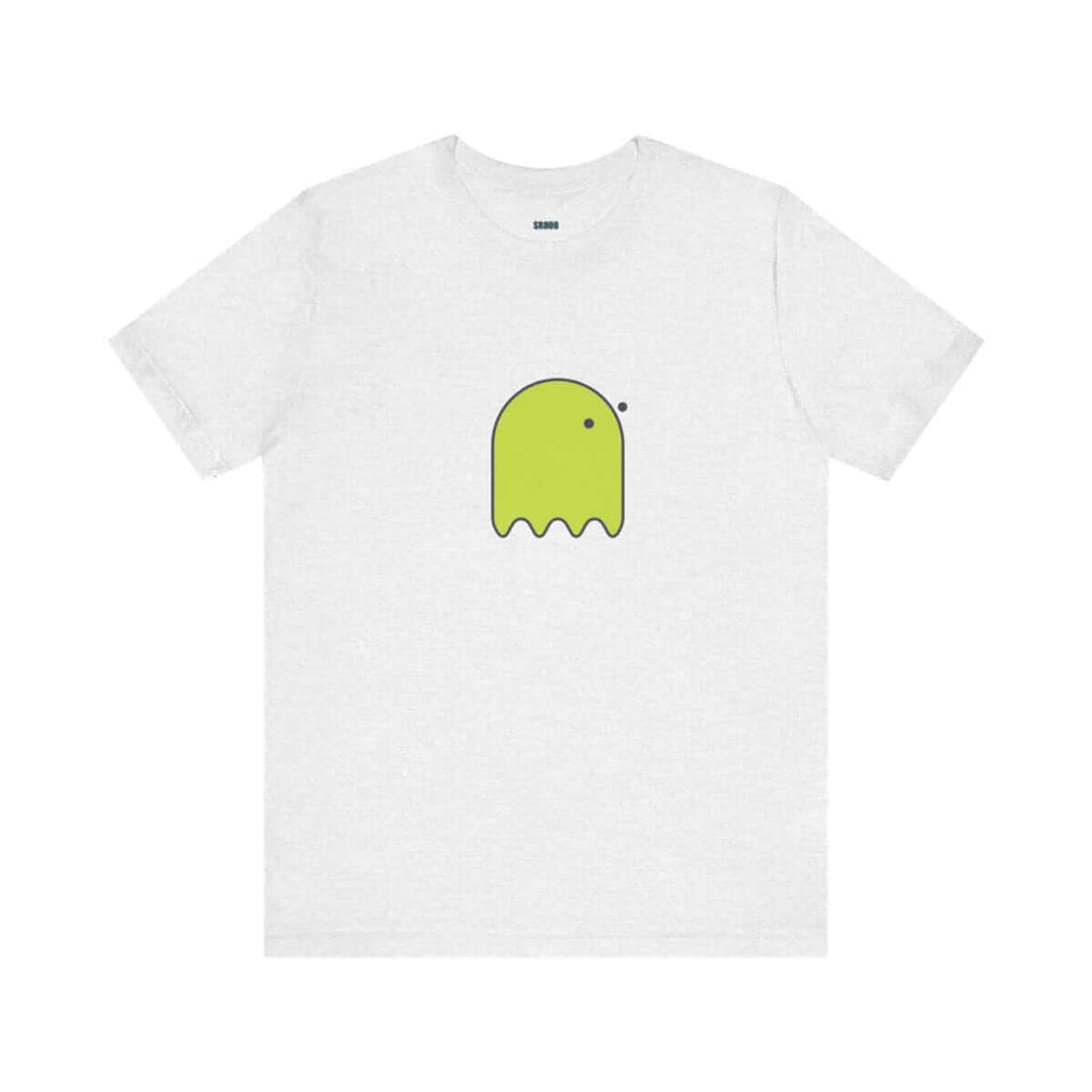 Yellow short sleeve cotton t-shirt with a large graphic of a button-eyed ghost in black and white on the front