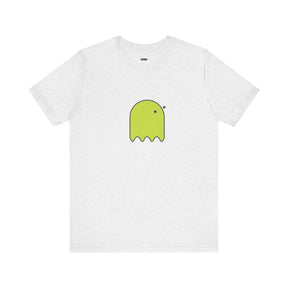 Yellow short sleeve cotton t-shirt with a large graphic of a button-eyed ghost in black and white on the front