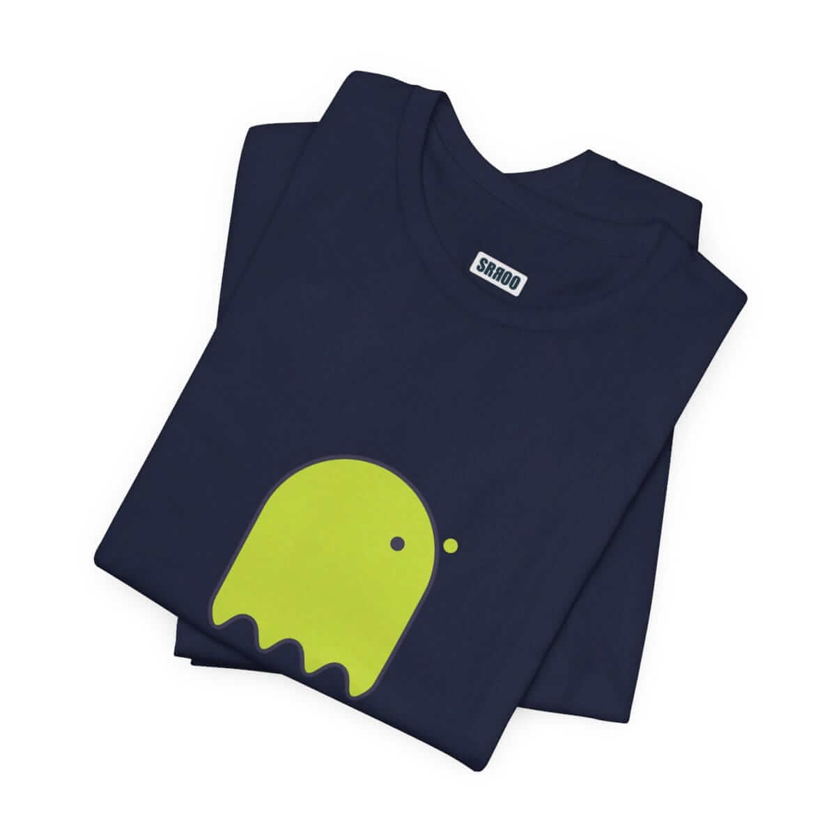 Navy cotton t-shirt featuring a folded design with a yellow button-eyed ghost graphic on front chest area