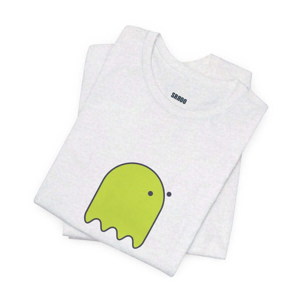 Yellow cotton T-shirt with button-eyed ghost graphic printed on front shown folded on white background