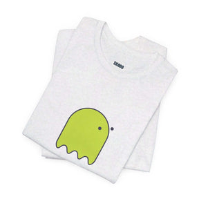 Yellow cotton T-shirt with button-eyed ghost graphic printed on front shown folded on white background