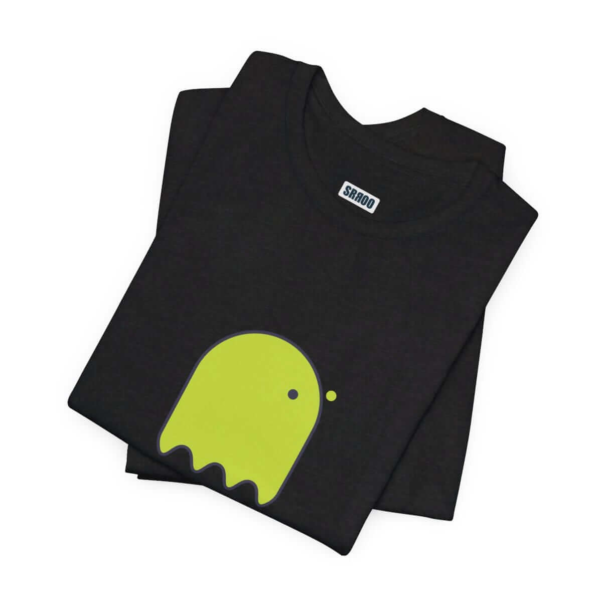 Yellow button-eyed ghost graphic printed on a folded solid black cotton blend t-shirt with short sleeves