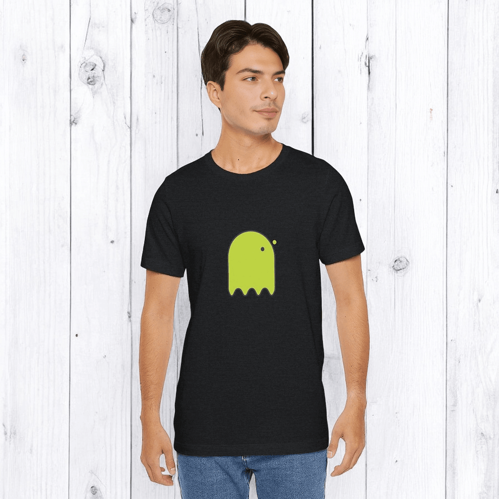 Black cotton blend t-shirt featuring a yellow button-eyed ghost graphic on the front in short sleeve crew neck style