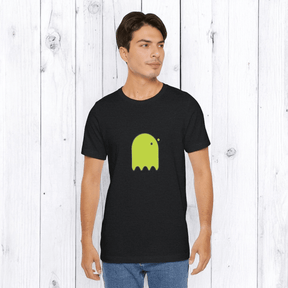 Black cotton blend t-shirt featuring a yellow button-eyed ghost graphic on the front in short sleeve crew neck style