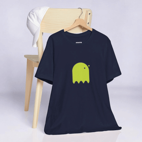 Navy cotton t-shirt with yellow button-eyed ghost graphic on front featuring short sleeves and classic crew neck style