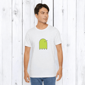 Yellow cotton t-shirt with short sleeves and round neck featuring a black cartoon ghost with button eyes on the front