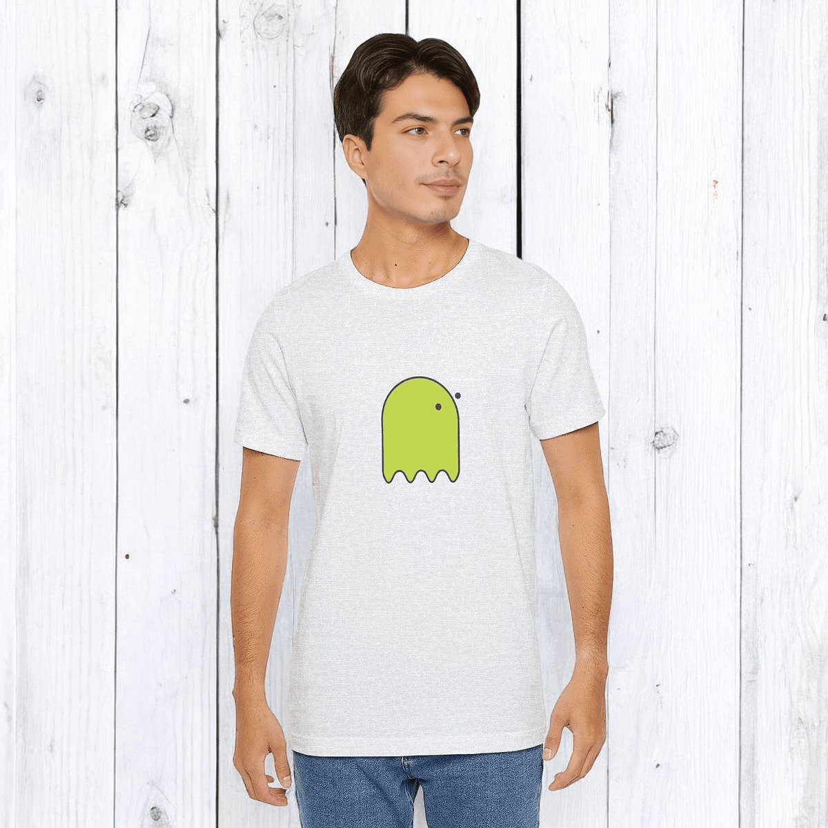 Yellow cotton t-shirt with short sleeves and round neck featuring a black cartoon ghost with button eyes on the front