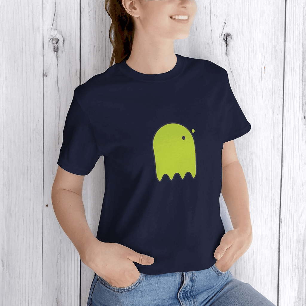 Navy cotton t-shirt with yellow button-eyed ghost graphic print on front in casual fit style