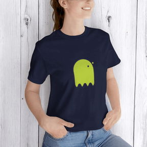 Navy cotton t-shirt with yellow button-eyed ghost graphic print on front in casual fit style