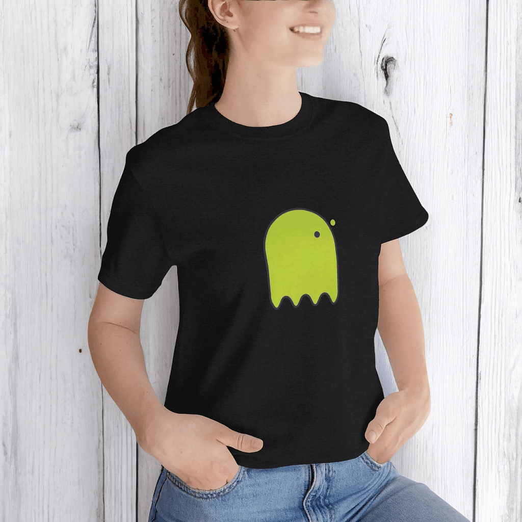 Black cotton blend t-shirt featuring a yellow button-eyed ghost graphic on the front with a classic crew neck style