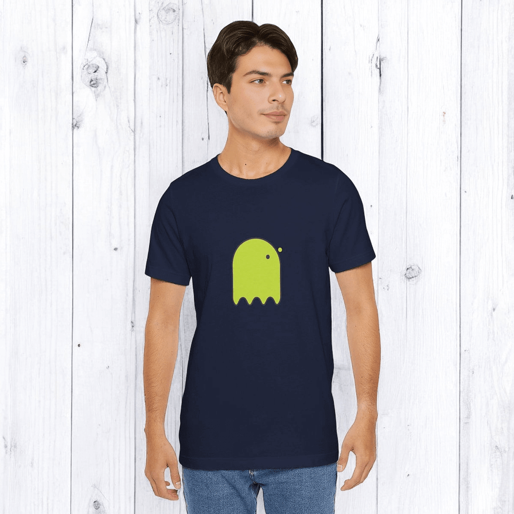 Navy blue cotton t-shirt with yellow button-eyed ghost graphic on front in casual crew neck style
