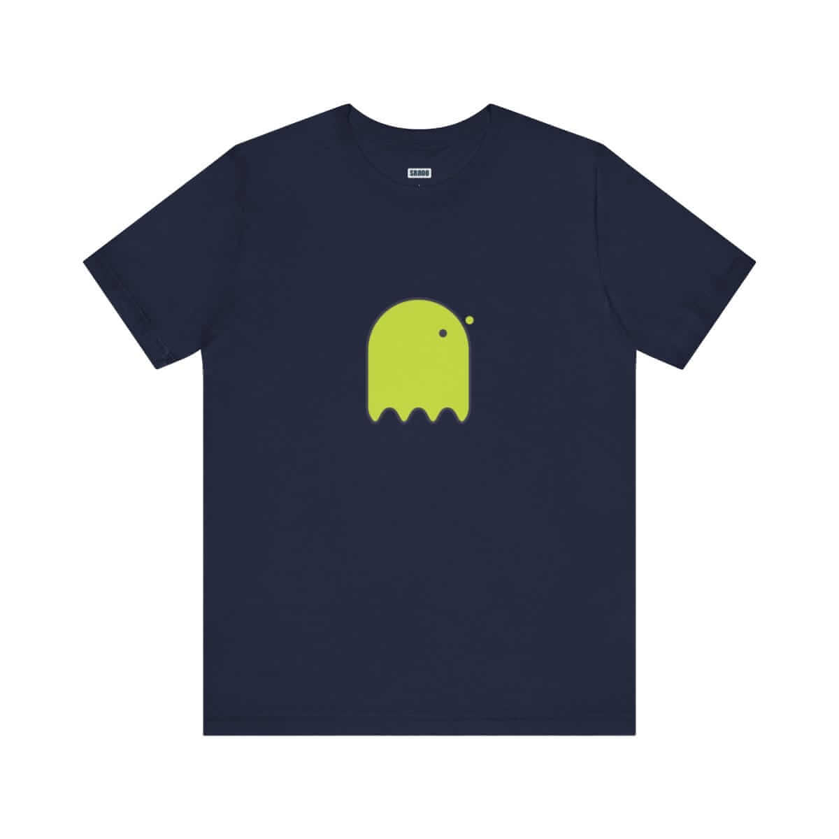 Navy blue cotton t-shirt featuring a yellow button-eyed ghost graphic on the front with short sleeves and crew neckline