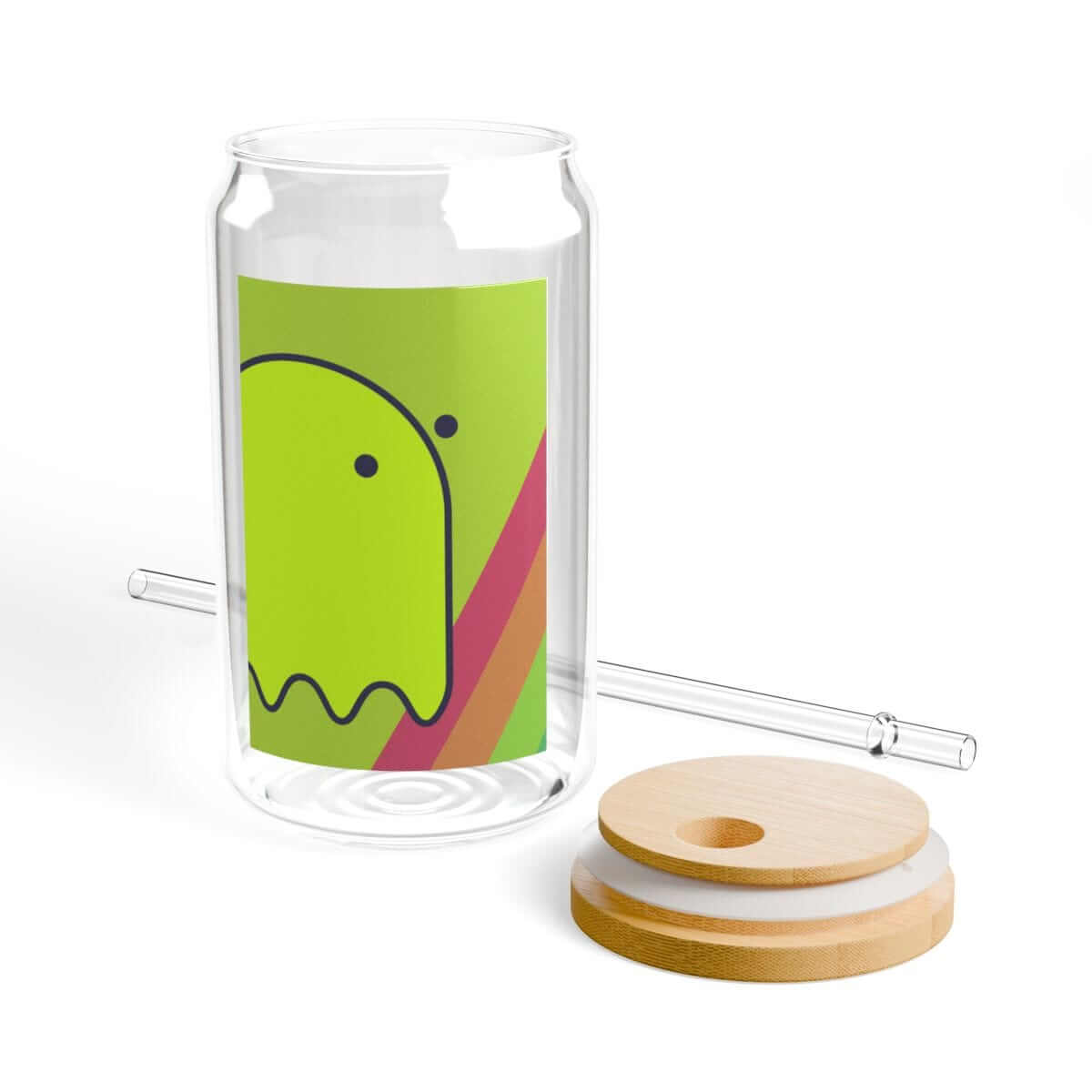 Yellow glass tumbler with 16oz capacity featuring a clear plastic lid and straw designed for cold beverages